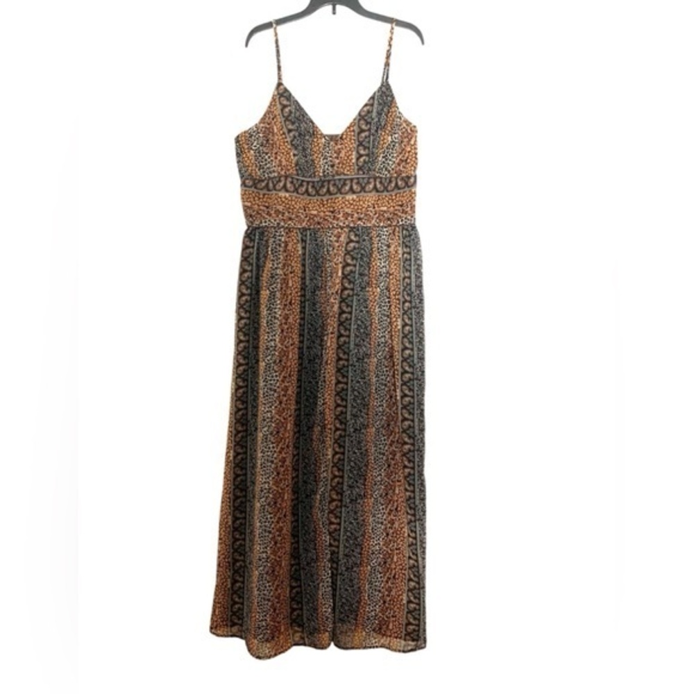 Traces by Tracy Evans Boho Animal Leopard Cheetah Paisley Print Midi Dress Brown